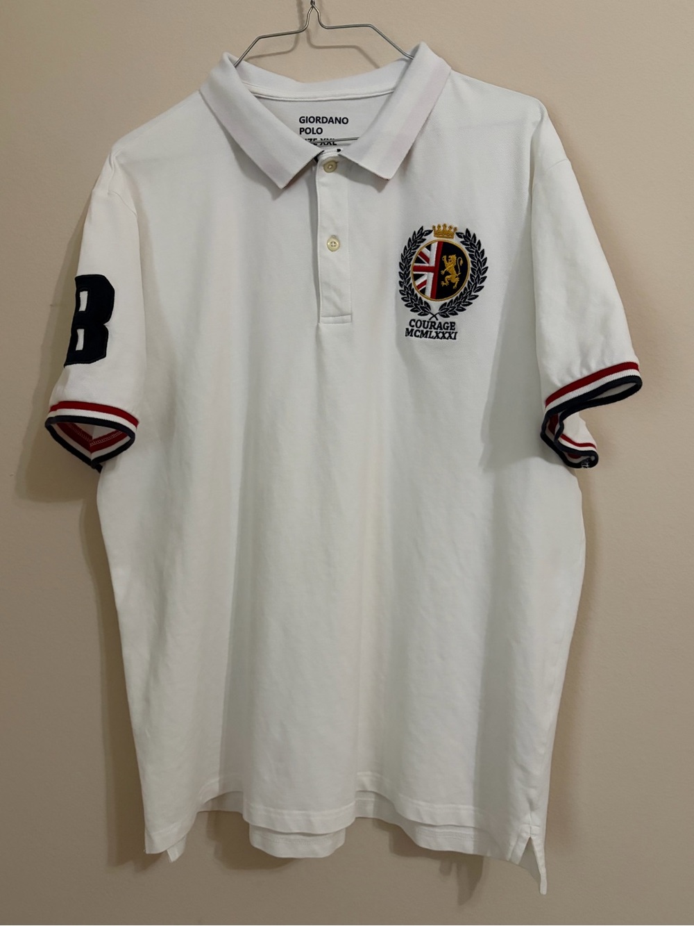 Men’s Giordano “Courage” Number 8 White Varsity Polo Tapered Fit Shirt Size XXL